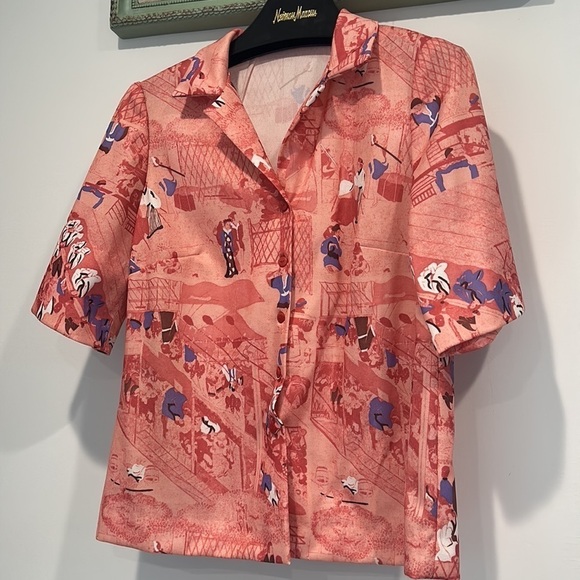 Vintage 1960s handmade short sleeve button down shirt pink print Japan large - Picture 2 of 6